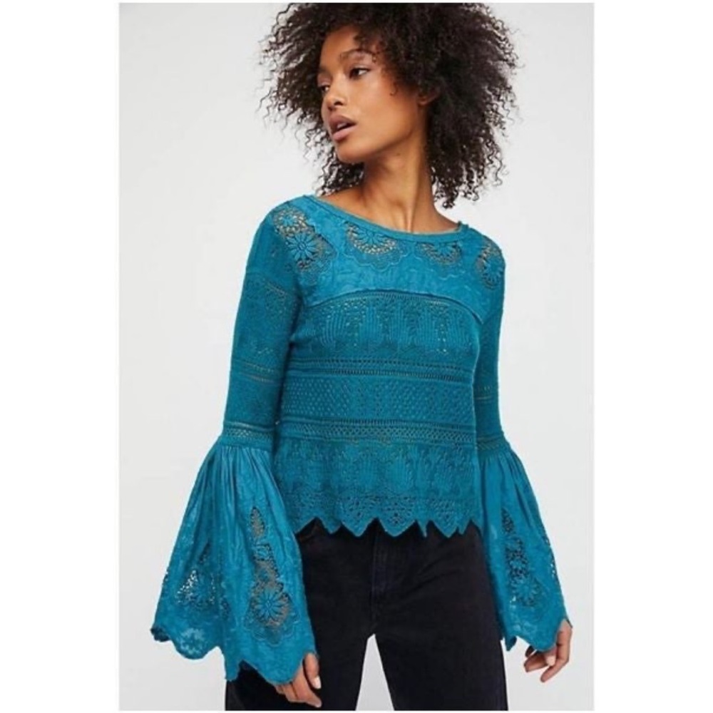 NWT Free People Once Upon A Time Crochet Embroidered Top XS Dark Teal